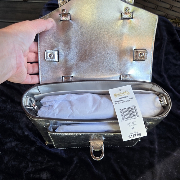 Michael Kors Manhattan Metallic Silver Satchel Small Top Handle Crossbody NWT - Picture 8 of 16